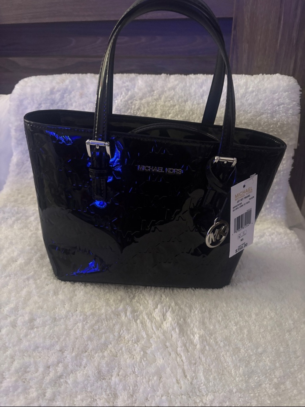 Michael Kors Black Patent Tote with MK Logo Charm
